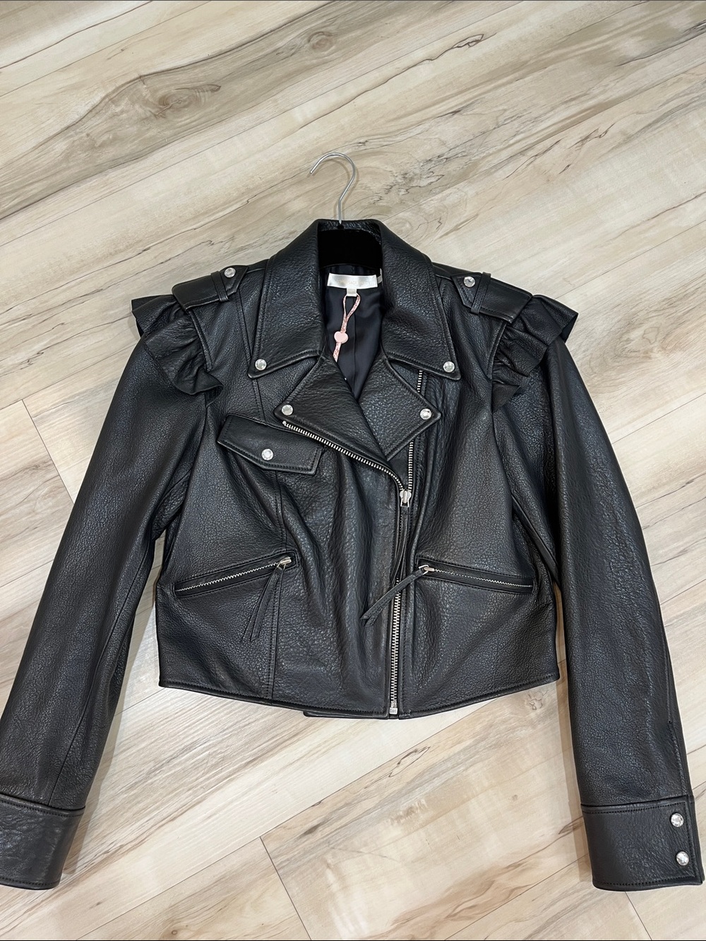 LoveShackFancy Black Faux Leather Ruffle-Shoulder Moto Jacket